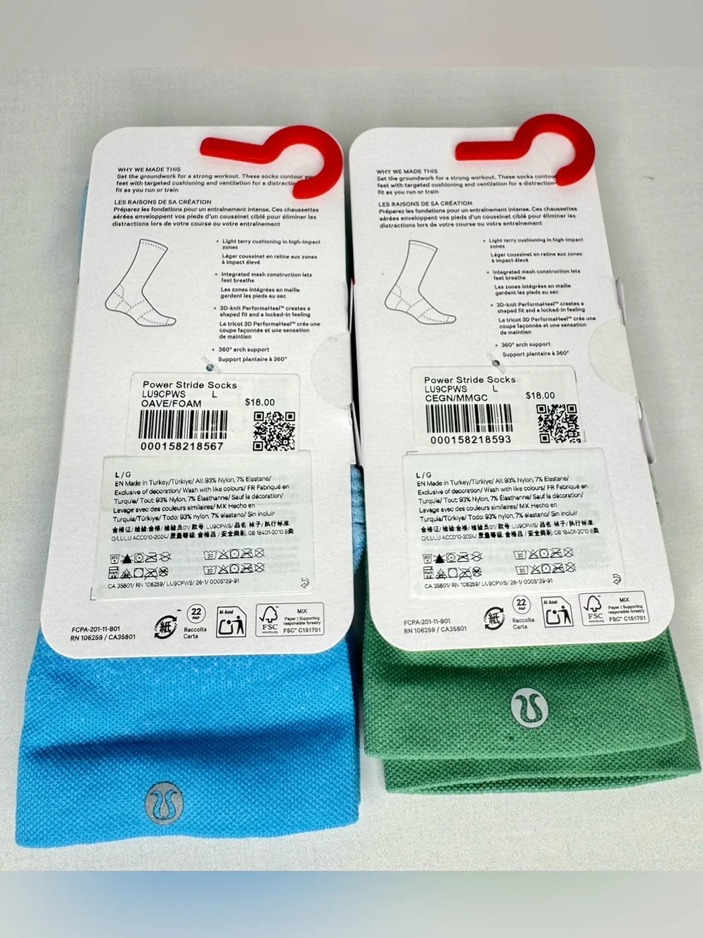 lululemon Power Stride Crew Socks Bundle Large Ocean Wave Foam & Green Ombre